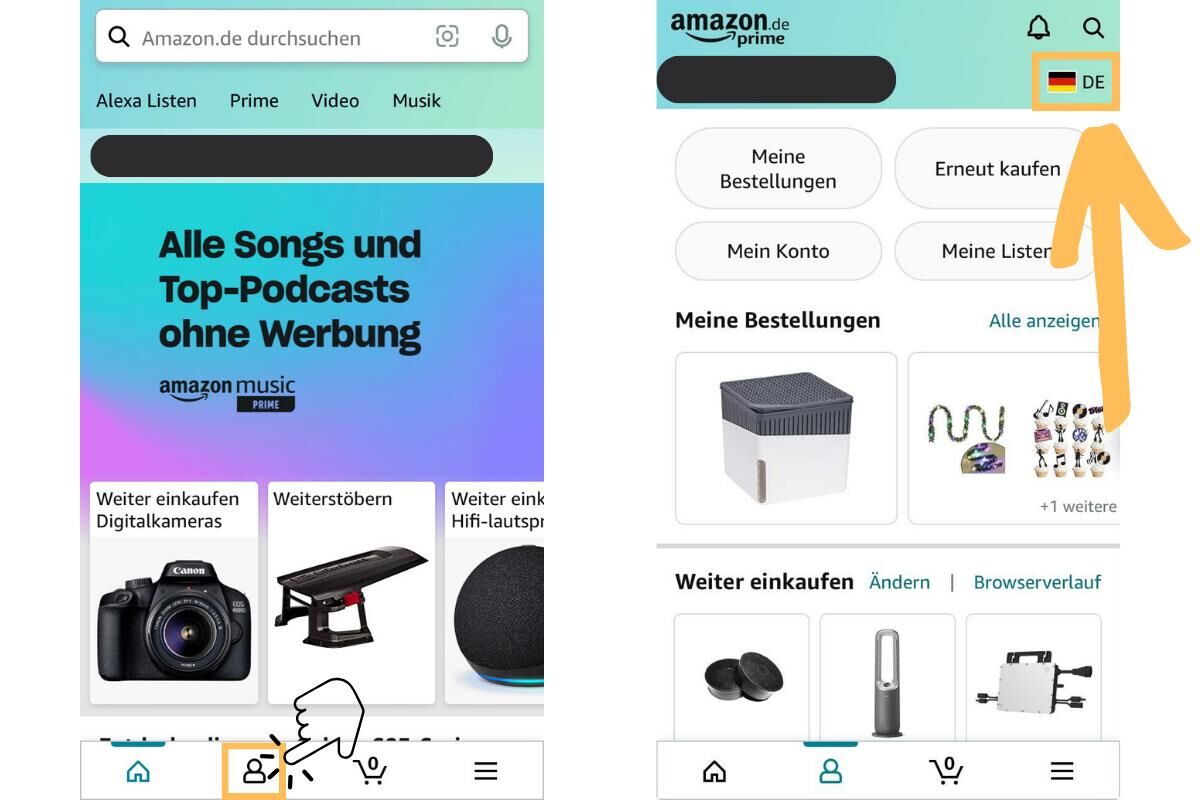 Die Amazon App ist geöffnet und der Profil-Button in der unteren Leiste ist markiert und das zwiete Amazon App-Bild zeigt das Profil-Menü und die Spracheinstellungen sind markiert.